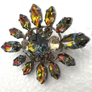Vintage  Watermelon Rhinestone Brooch Pin Faceted Sunburst‎ Silver Tone